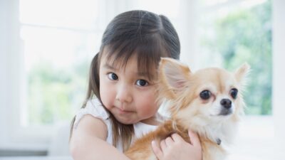 En China una niña tapa las orejas de perrito para que no se asustara por los fuegos artificiales