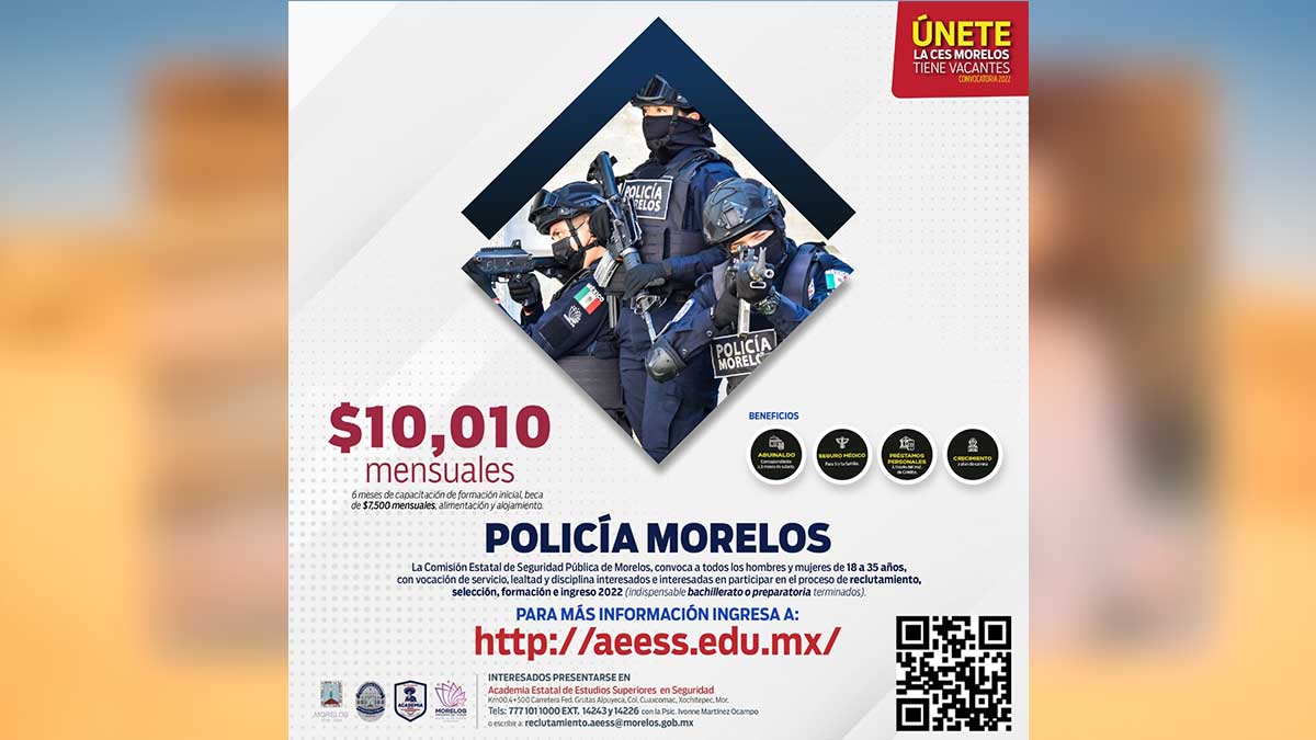 ¡Morelos busca policías! Ofrece 10 mil al mes, beca, alojamiento y comida; ve requisitos