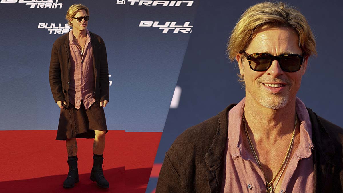 Brad Pitt usando falda sorprende en la alfombra roja de Bullet Train