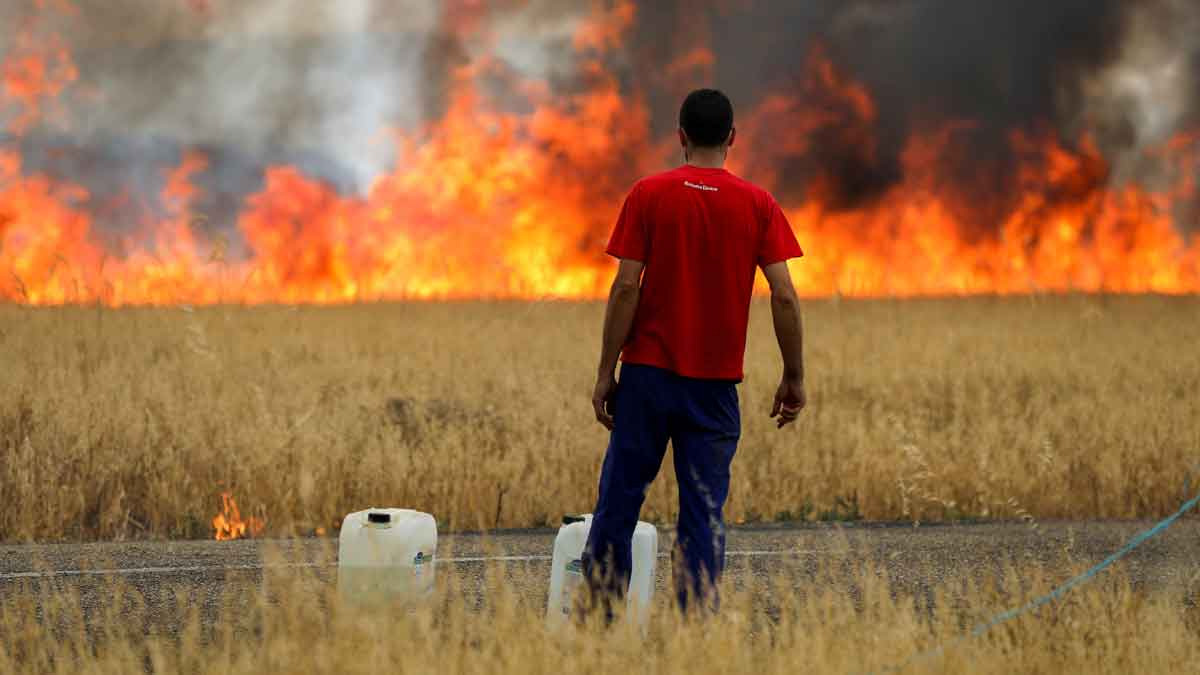¡Por poco! Llamas envuelven a hombre en incendio forestal en España