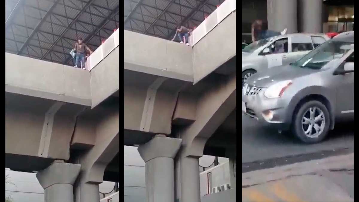 ¿En qué estaba pensando? Joven se lanza de puente y cae sobre auto en Monterrey; ve video