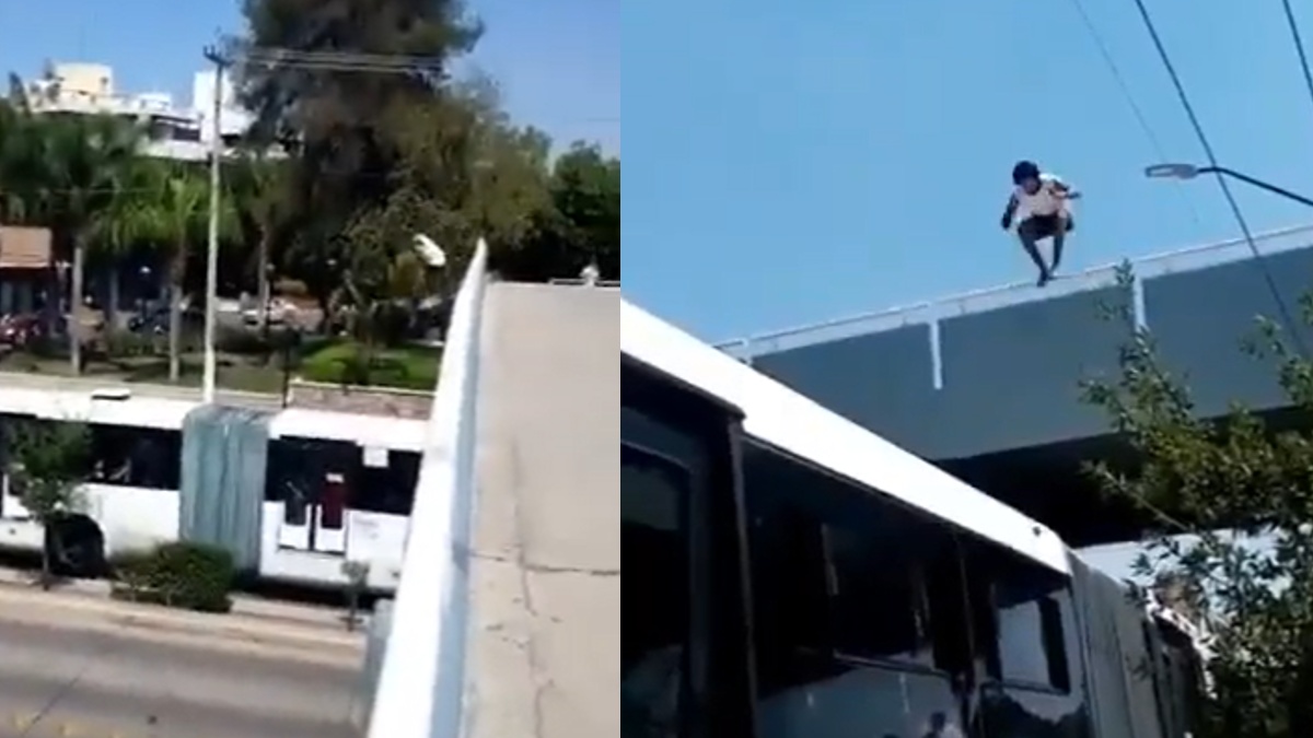 León, Guanajuato: salta de puente y cae en autobús; alertan por juego extremo