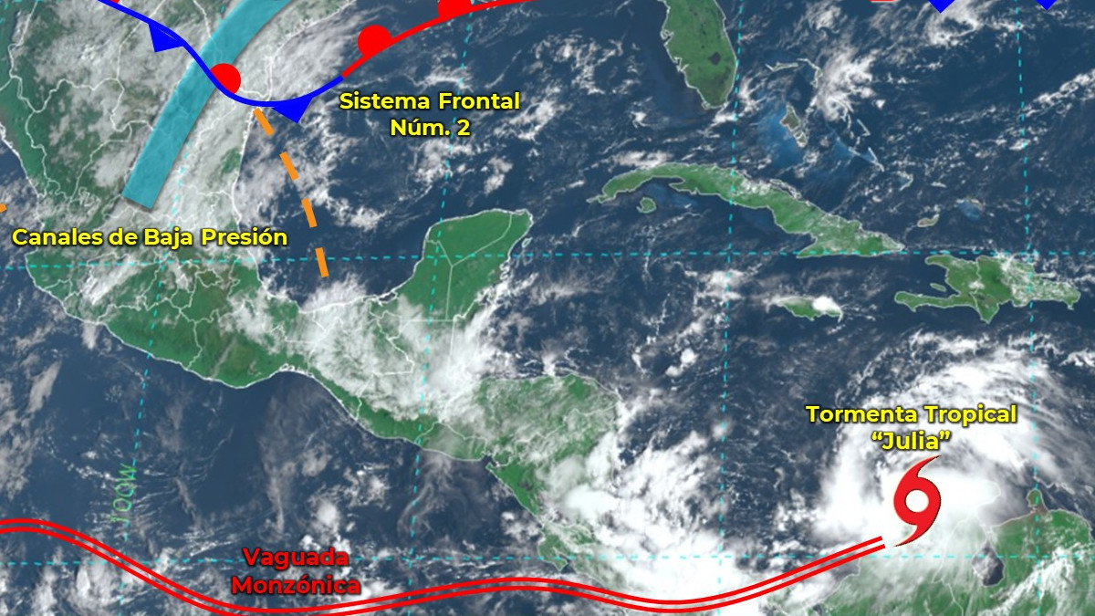 Se formó la tormenta tropical Julia; va con dirección al sureste de México y provocará lluvias en sureste mexicano.