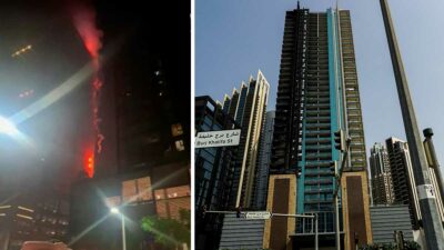 El daño del fuego es visible en el edificio de gran altura 8 Boulevard Walk ubicado cerca de Burj Khalifa en Dubai