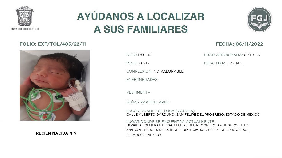 Edomex: hallan a recién nacida en San Felipe del Progreso; buscan a su familia