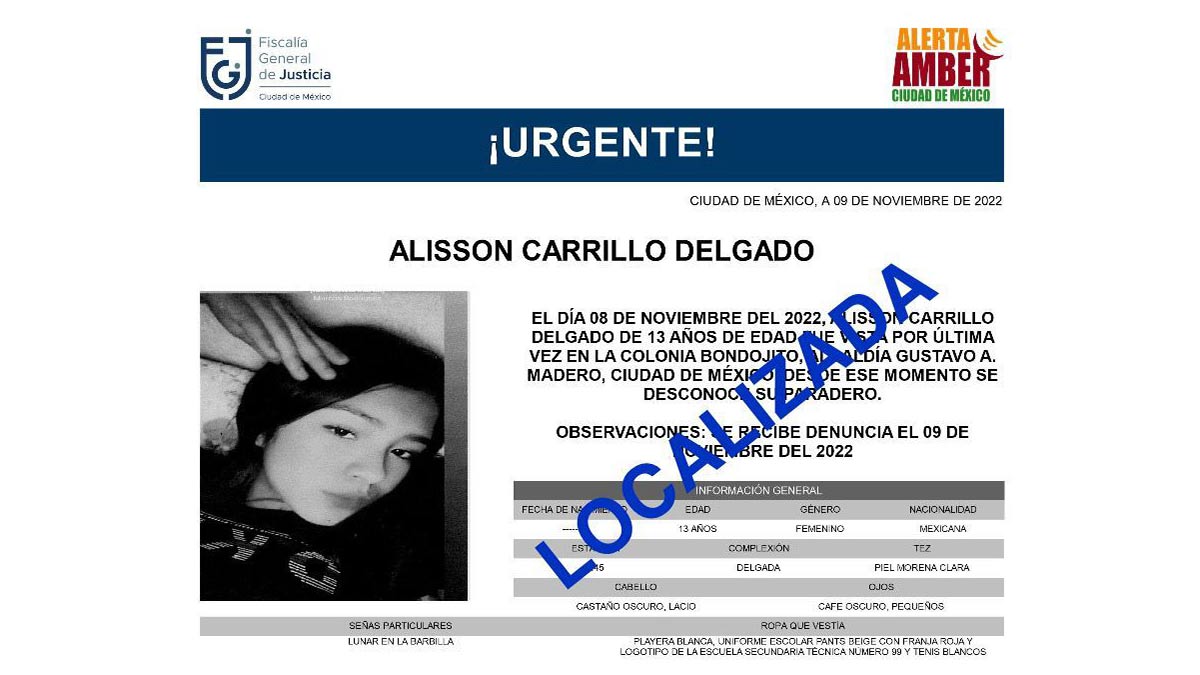 Localizan a Alisson Carrillo, de 13 años, reportada como desaparecida en CDMX