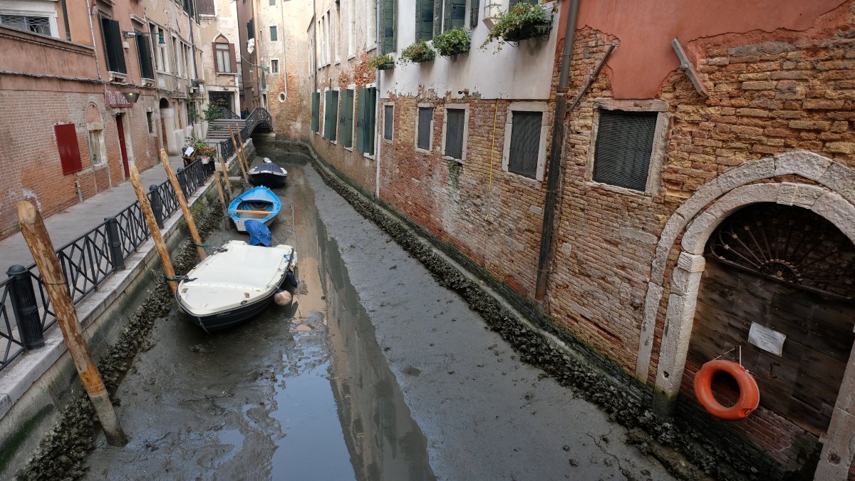 La marea baja provoca problemas en Venecia, por lo que muchas góndolas quedan varadas ante la reducción de agua en los canales.