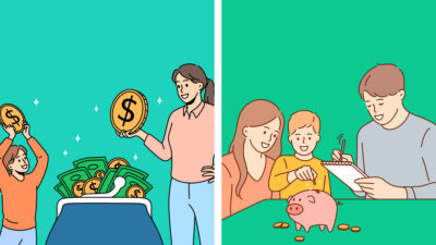 Plan gamiliar de gastos, ilustración de familia reuniendo dinero