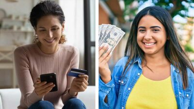 Cuenta bancaria migrante, mujer con tarjeta y celular y joven con dólares