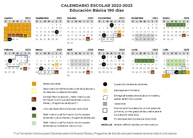 Calendario escolar de la SEP del ciclo 2022-2023.