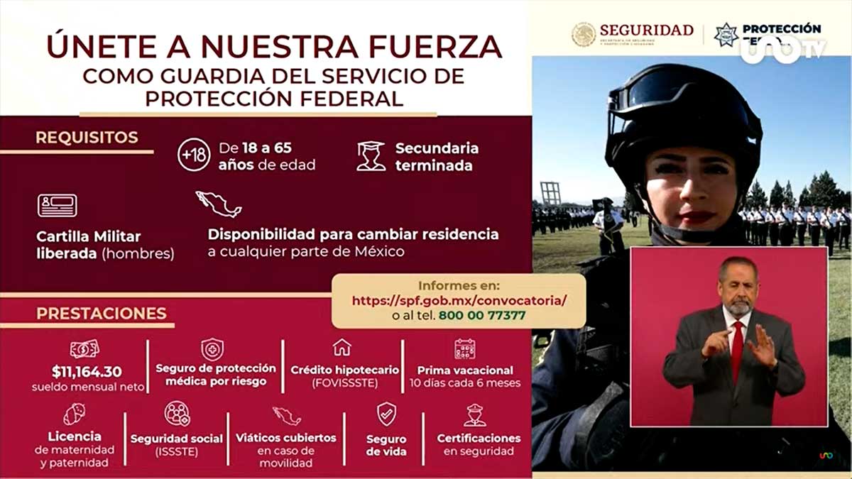 informó que la Secretaria de Seguridad invita a los mexicanos a reclutarse como guardias de servicio de protección federal en sus vacantes
