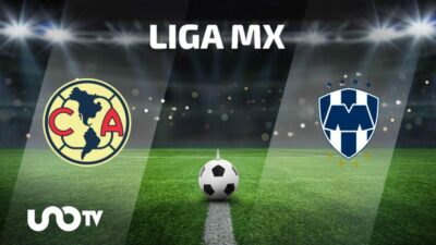 Logos del América y Monterrey con balón de futbol en medio