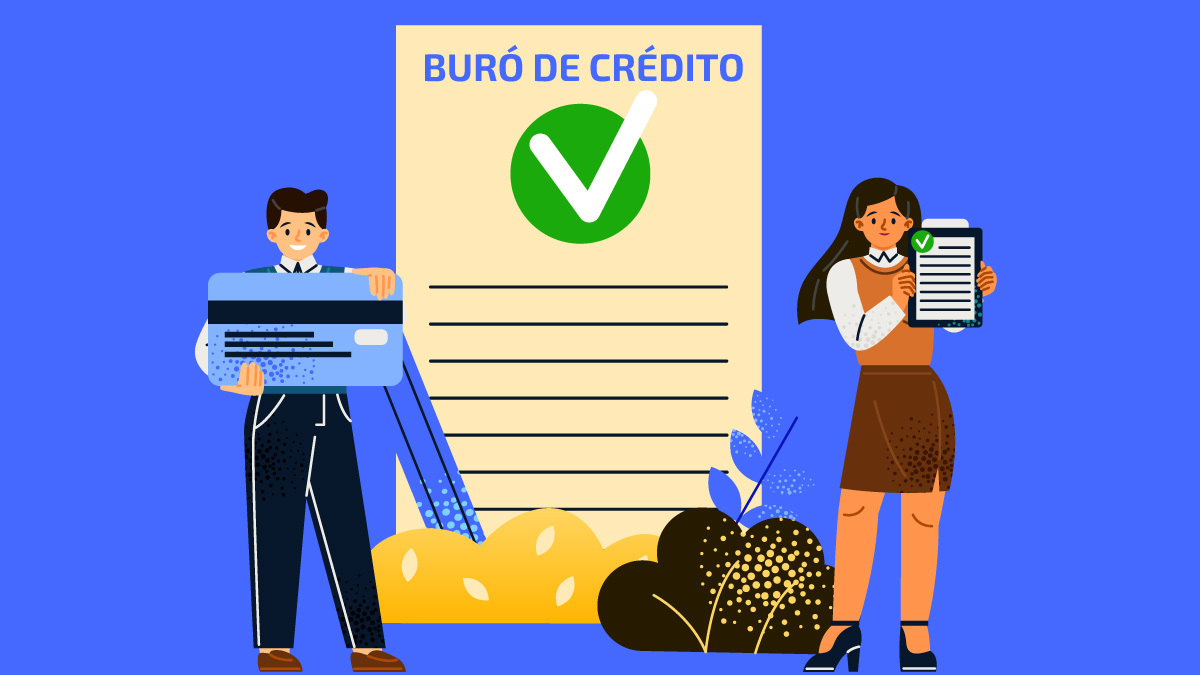 ilustración de hombre y mujer con un reporte y una tarjeta con el buró de crédito atrás