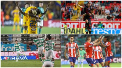 Jugadores de los equipos de futbol Tigres, Atlas, Santos y Atlético de San Luis celebrando