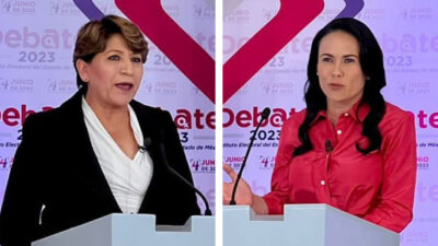 Delfina Gómez y Alejandra del Moral durante el primer debate por el Edomex