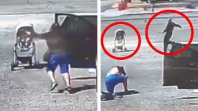 Casi atropellan a bebé que iba en carriola fuera de control: escalofriante video