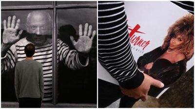 Imágenes de Pablo Picasso y Tina Turner en un muro y disco, respectivamente