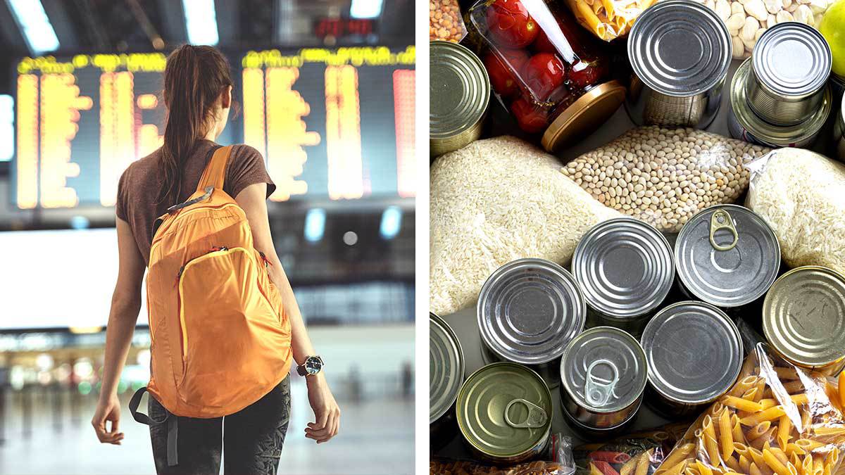 Alimentos equipaje de mano a EU: Composición de mujer mirando los horarios de vuelos en un aeropuerto y latas a un lado