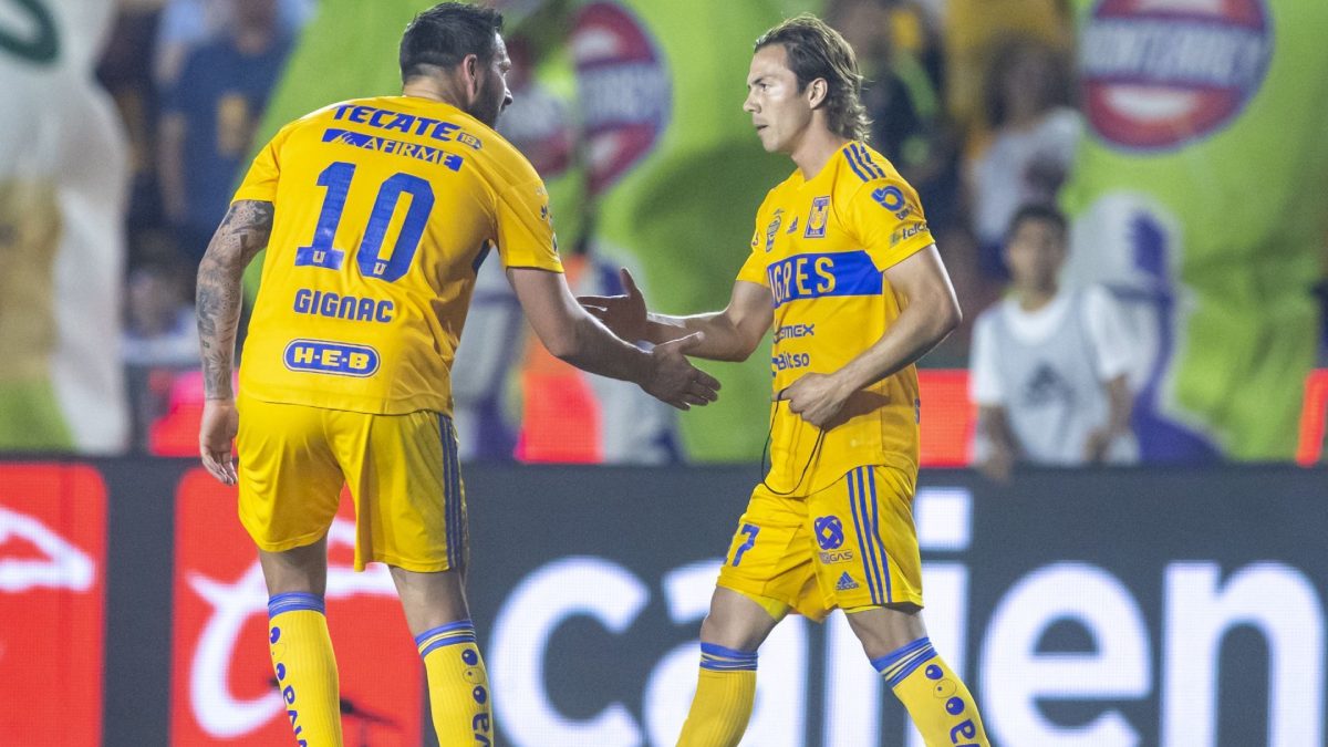 Jugadores del Tigres se saludan en partido de la Liga MX