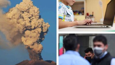Composición del volcán Popocatépetl, un niño tomando clases en línea y personas con cubrebocas