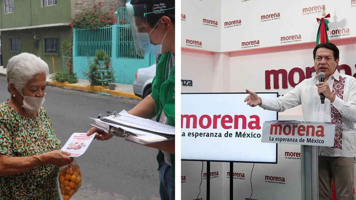 Morena elecciones 2024: Foto de hombre dando un folleto a una mujer, con foto del presidente de Morena, Mario Delgado, a un lado