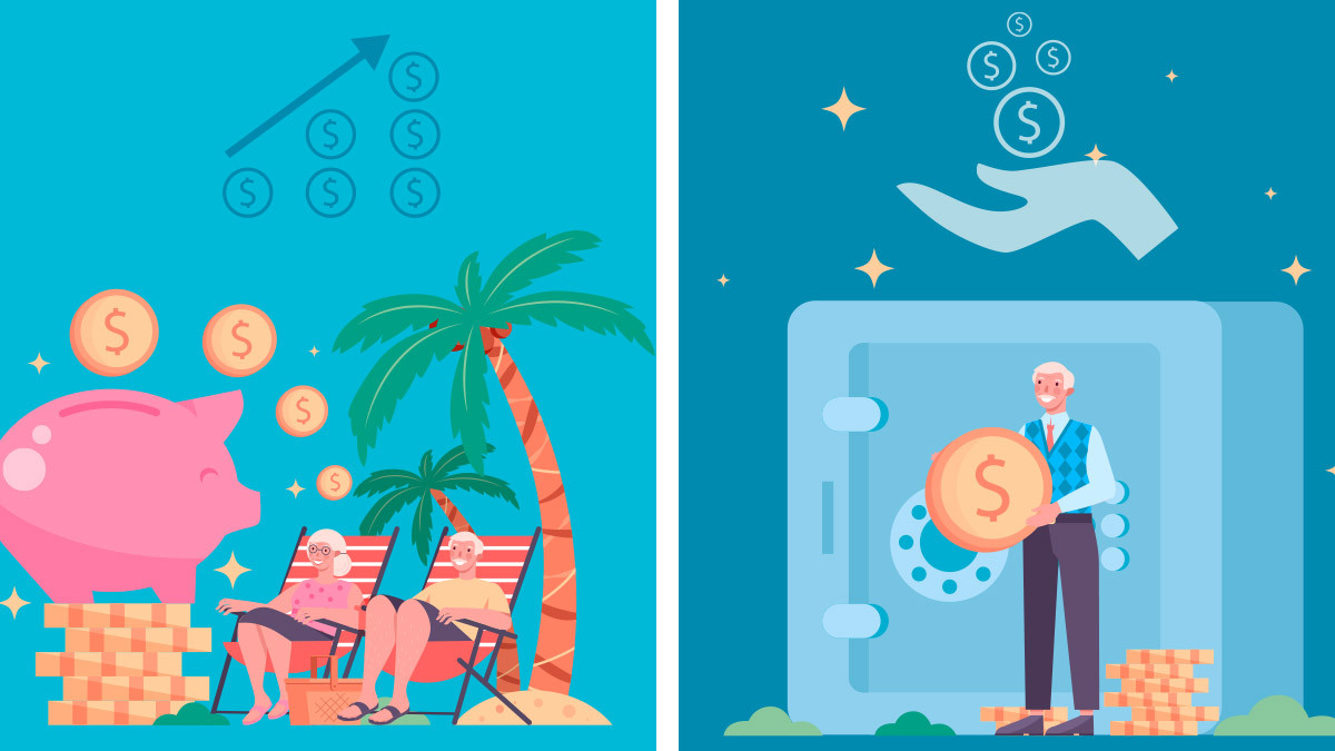 Pensión: Ilustración de adultos mayores de vacaciones y adulto mayor guardando dinero en caja fuerte
